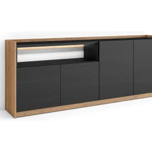 Dressoir, Opbergkast, 207x80x37 cm, 4 Deuren, LED, Zwart/Eiken Dressoir, Opbergkast, 207x80x37 cm, 4 Deuren, LED, Zwart/Eiken