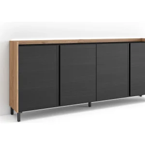 Dressoir, Opbergkast, 207x91x35 cm, 4 Deuren, Industrieel design, LED, Zwart/Eiken Dressoir, Opbergkast, 207x91x35 cm, 4 Deuren, Industrieel design, LED, Zwart/Eiken