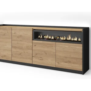 Dressoir, Opbergkast, 207x80x37 cm, 4 Deuren, Elektrische haard, LED, Eiken/Zwart Dressoir, Opbergkast, 207x80x37 cm, 4 Deuren, Elektrische haard, LED, Eiken/Zwart