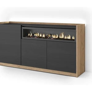 Dressoir, Opbergkast, 156x80x37 cm, 3 Deuren, Elektrische haard, LED, Zwart/Eiken