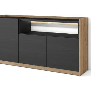 Dressoir, Opbergkast, 156x80x37 cm, 3 Deuren, LED, Zwart/Eiken
