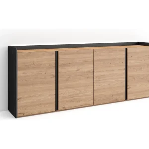 Dressoir, Opbergkast, 207x80x35 cm, 4 Deuren, LED, Eiken/Zwart Dressoir, Opbergkast, 207x80x35 cm, 4 Deuren, LED, Eiken/Zwart