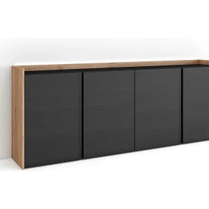 Dressoir, Opbergkast, 207x80x35 cm, 4 Deuren, LED, Zwart/Eiken Dressoir, Opbergkast, 207x80x35 cm, 4 Deuren, LED, Zwart/Eiken