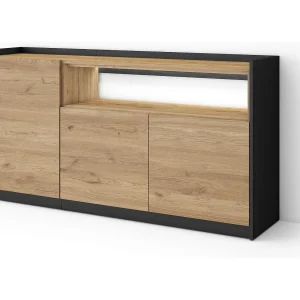 Dressoir, Opbergkast, 156x80x37 cm, 3 Deuren, LED, Eiken/Zwart