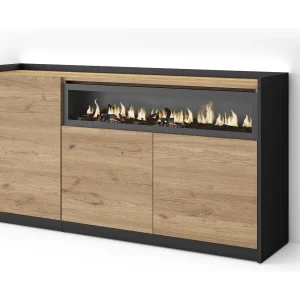 Dressoir, Opbergkast, 156x80x37 cm, 3 Deuren, Elektrische haard, LED, Eiken/Zwart