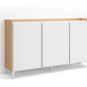 Dressoir, Opbergkast, 156x91x35 cm, 3 Deuren, Industrieel design, LED, Wit en Eiken soft