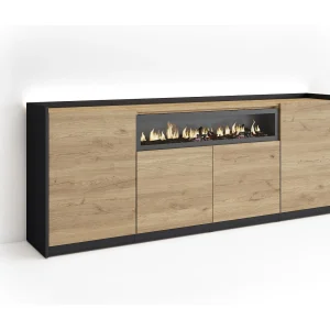 Dressoir, Opbergkast, 207x80x37 cm, 4 Deuren, Elektrische haard, LED, Eiken/Zwart Dressoir, Opbergkast, 207x80x37 cm, 4 Deuren, Elektrische haard, LED, Eiken/Zwart