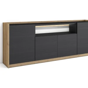 Dressoir, Opbergkast, 207x80x37 cm, 4 Deuren, LED, Zwart/Eiken Dressoir, Opbergkast, 207x80x37 cm, 4 Deuren, LED, Zwart/Eiken