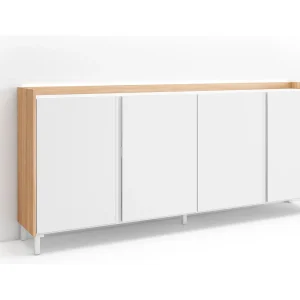 Dressoir, Opbergkast, 207x91x35 cm, 4 Deuren, Industrieel design, LED, Wit en Eiken soft Dressoir, Opbergkast, 207x91x35 cm, 4 Deuren, Industrieel design, LED, Wit en Eiken soft
