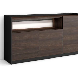 Dressoir, Opbergkast, 156x80x37 cm, 3 Deuren, LED, Donkere eik en Zwart