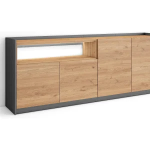 Dressoir, Opbergkast, 207x80x37 cm, 4 Deuren, LED, Eiken/Zwart Dressoir, Opbergkast, 207x80x37 cm, 4 Deuren, LED, Eiken/Zwart