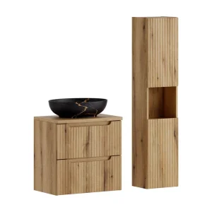 Set VANO licht eiken 90cm: onderkast met laden + blad voor wastafel + opzetwastafel in zwart marmer + kolom