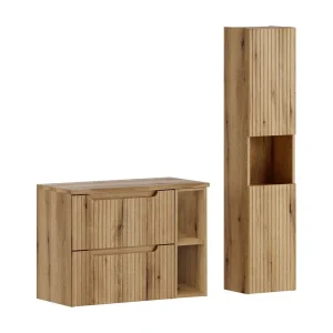 Ensemble VANO licht eiken 110cm: onderkastmeubelen met laden en zichtbare nissen + wastafelblad + kolomkast Ensemble VANO licht eiken 110cm: onderkastmeubelen met laden en zichtbare nissen + wastafelblad + kolomkast