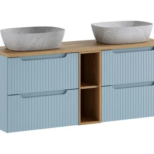 Ensemble VANO denimblauw en licht eiken 140cm: meubelstukken onder wastafel met lades en zichtbare nissen + grijze wastafels
