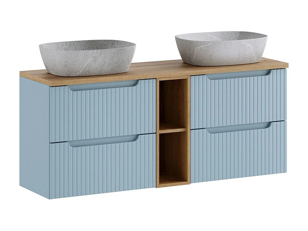 Ensemble VANO denimblauw en licht eiken 140cm: meubelstukken onder wastafel met lades en zichtbare nissen + grijze wastafels