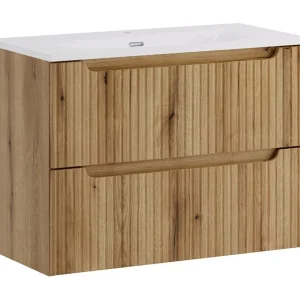 Badkamerset VANO licht eiken 80cm: onderkast met lades met gegroefde voorzijde + ingebouwde wastafel