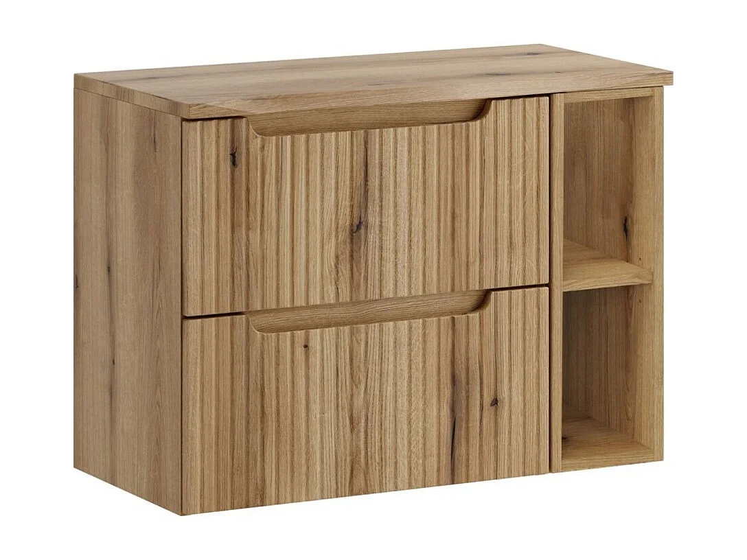 Ensemble VANO licht eiken 80cm: onderkast met laden en zichtbare nissen + blad voor wastafel + kolomkast