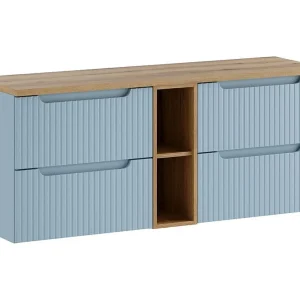 Hangend meubelset VANO denimblauw en licht eiken 140cm: onderkasten met lades en open vakken + blad voor wastafel Hangend meubelset VANO denimblauw en licht eiken 140cm: onderkasten met lades en open vakken + blad voor wastafel