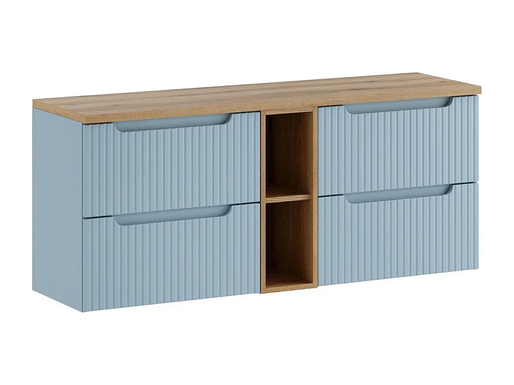 Hangend meubelset VANO denimblauw en licht eiken 140cm: onderkasten met lades en open vakken + blad voor wastafel
