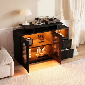 Dressoir, geïntegreerde ledverlichting, ovale glazen deuren, bewerkt hout, zwart (120x40x80cm)