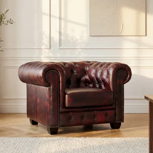 Fauteuil chesterfield BRENTON 100% buffelleer – cherry Fauteuil chesterfield BRENTON 100% buffelleer – cherry