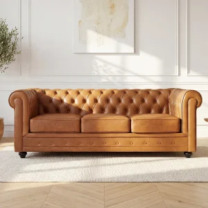 Driezitsbank van camelkleurig vaarsleer CHESTERFIELD Driezitsbank van camelkleurig vaarsleer CHESTERFIELD