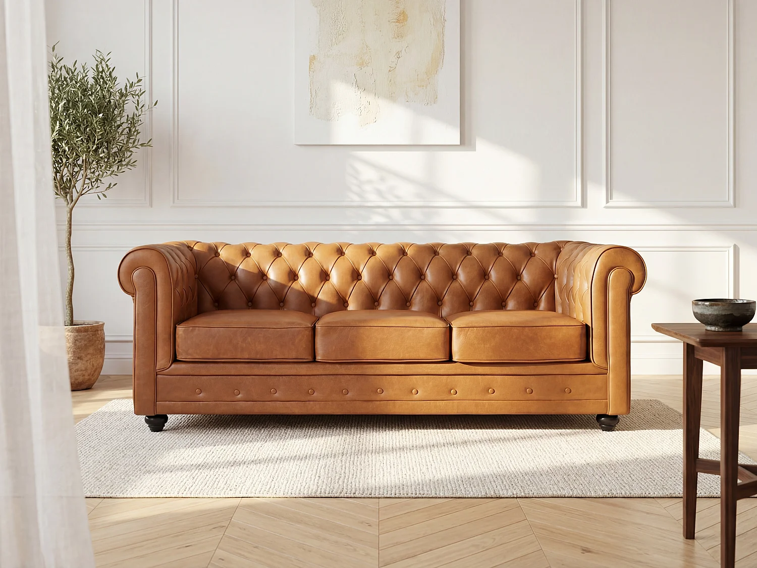 Driezitsbank van camelkleurig vaarsleer CHESTERFIELD