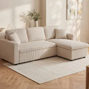 Omkeerbare en uittrekbare hoekbank in beige corduroy GAZUR
