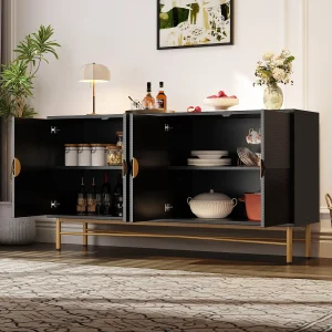 Dressoir met structuurafwerking – 160 x 40 x 82 cm – met 4 deuren – hoogglans gelakte poten – spaanplaat – zwart
