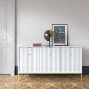 Driedeurs ladekast – 154 cm – wit met gouden poten – VELLORE Driedeurs ladekast – 154 cm – wit met gouden poten – VELLORE