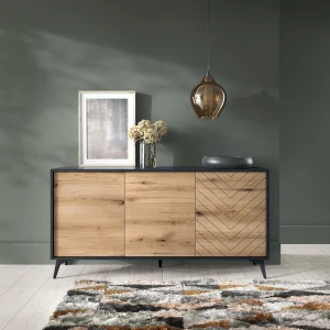 Driedeurs ladekast – 154 cm – zwart/eiken Evoke visgraatmotief – BOULIA Driedeurs ladekast – 154 cm – zwart/eiken Evoke visgraatmotief – BOULIA