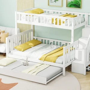 Driedubbel stapelbed 90 x 200 cm + 140 x 200 cm + onderschuifbed 90 x 190 cm – massief hout – inclusief boxspring – wit Driedubbel stapelbed 90 x 200 cm + 140 x 200 cm + onderschuifbed 90 x 190 cm – massief hout – inclusief boxspring – wit