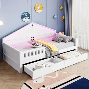 Eenpersoonsbed voor kinderen – 90 x 200 cm – met LED-verlichting + 2 lades + lattenbodem – hout + MDF – wit Eenpersoonsbed voor kinderen – 90 x 200 cm – met LED-verlichting + 2 lades + lattenbodem – hout + MDF – wit