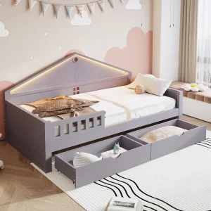 Eenpersoonsbed voor kinderen – 90 x 200 cm – met LED-verlichting + 2 lades + lattenbodem – hout + MDF – grijs Eenpersoonsbed voor kinderen – 90 x 200 cm – met LED-verlichting + 2 lades + lattenbodem – hout + MDF – grijs