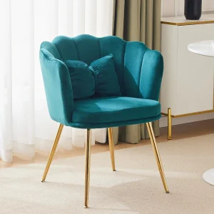 Enkele fluwelen stoel – 63 x 58 x 77 cm – Vergulde metalen poten en vlinderkussens – Groen