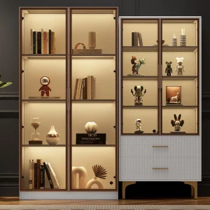 Gecombineerde vitrines 2 lades 4 glazen deuren – LED's – verstelbare planken – Spaanplaat en goudkleurig metaal – Wit