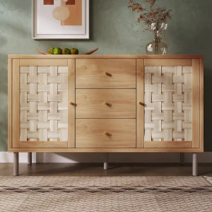 Dressoir in landelijke stijl – 120 x 40 x 75 cm – met 2 deuren + 3 lades – metalen poten – hout – naturel Dressoir in landelijke stijl – 120 x 40 x 75 cm – met 2 deuren + 3 lades – metalen poten – hout – naturel