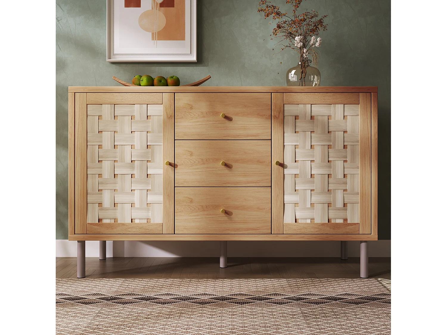 Dressoir in landelijke stijl - 120 x 40 x 75 cm - met 2 deuren + 3 lades - metalen poten - hout - naturel