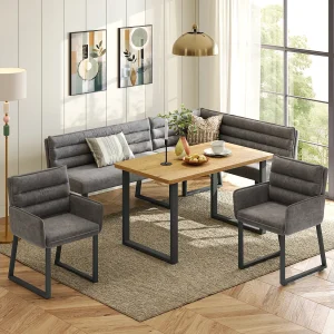 Eettafel en stoelenset – met een hoekbank + 2 stoelen + 1 tafel – chenille + MDF – grijs