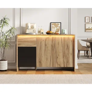 Dressoir met 3 lades en 2 deuren, LED-verlichting – Hout en zwarte afwerking, 120 x 40 x 76 cm Dressoir met 3 lades en 2 deuren, LED-verlichting – Hout en zwarte afwerking, 120 x 40 x 76 cm