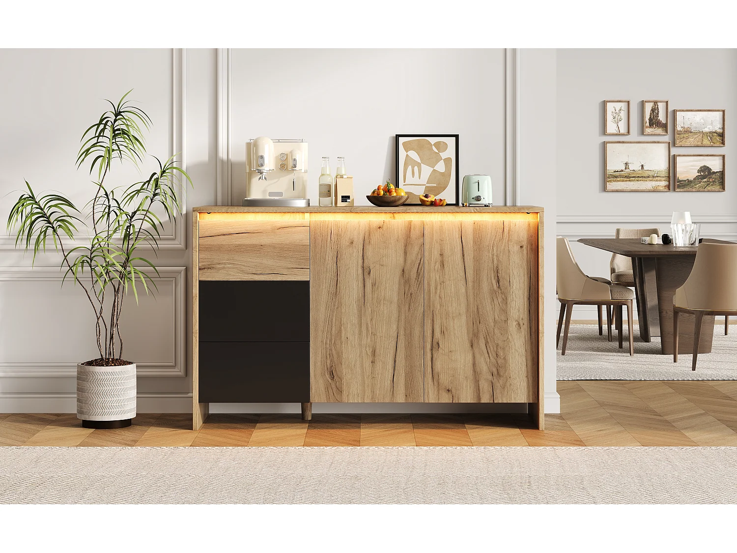 Dressoir met 3 lades en 2 deuren, LED-verlichting - Hout en zwarte afwerking, 120 x 40 x 76 cm