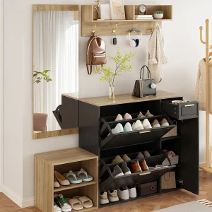 Entree garderobe set 130x30x174 cm – Met schoenenkasten – Met wandspiegel en kapstok – Zwart Entree garderobe set 130x30x174 cm – Met schoenenkasten – Met wandspiegel en kapstok – Zwart