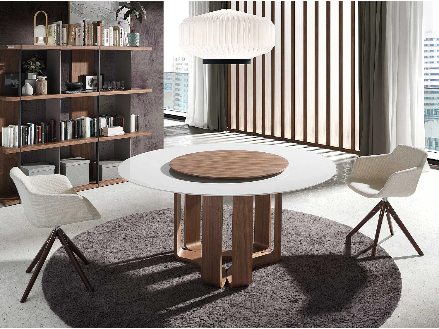 Eettafel rond porselein marmer en walnoot fineer 1137 ANGEL CERDA