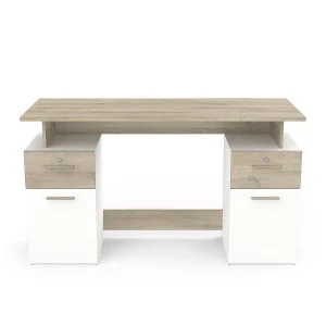 Dubbel Ladeblok Bureau, Hout en Wit Decor – L134,8 cm – Platon