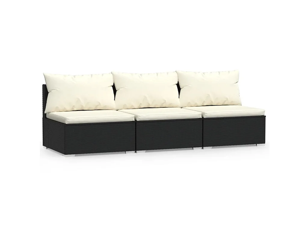 Driezitsbank met kussens poly rattan zwart