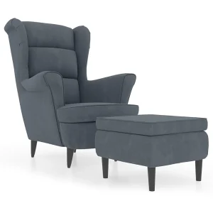 Fauteuil met voetenbank fluweel donkergrijs Fauteuil met voetenbank fluweel donkergrijs