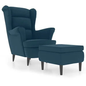 Fauteuil met voetenbank fluweel blauw Fauteuil met voetenbank fluweel blauw