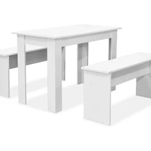 Eettafel en banken 3 st bewerkt hout wit