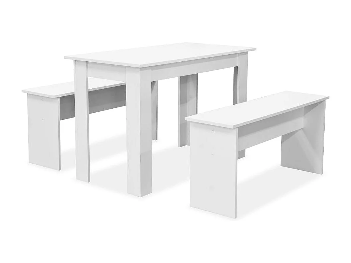 Eettafel en banken 3 st bewerkt hout wit