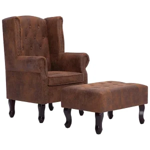 Fauteuil en voetenbank Chesterfield-stijl kunstsuède bruin Fauteuil en voetenbank Chesterfield-stijl kunstsuède bruin